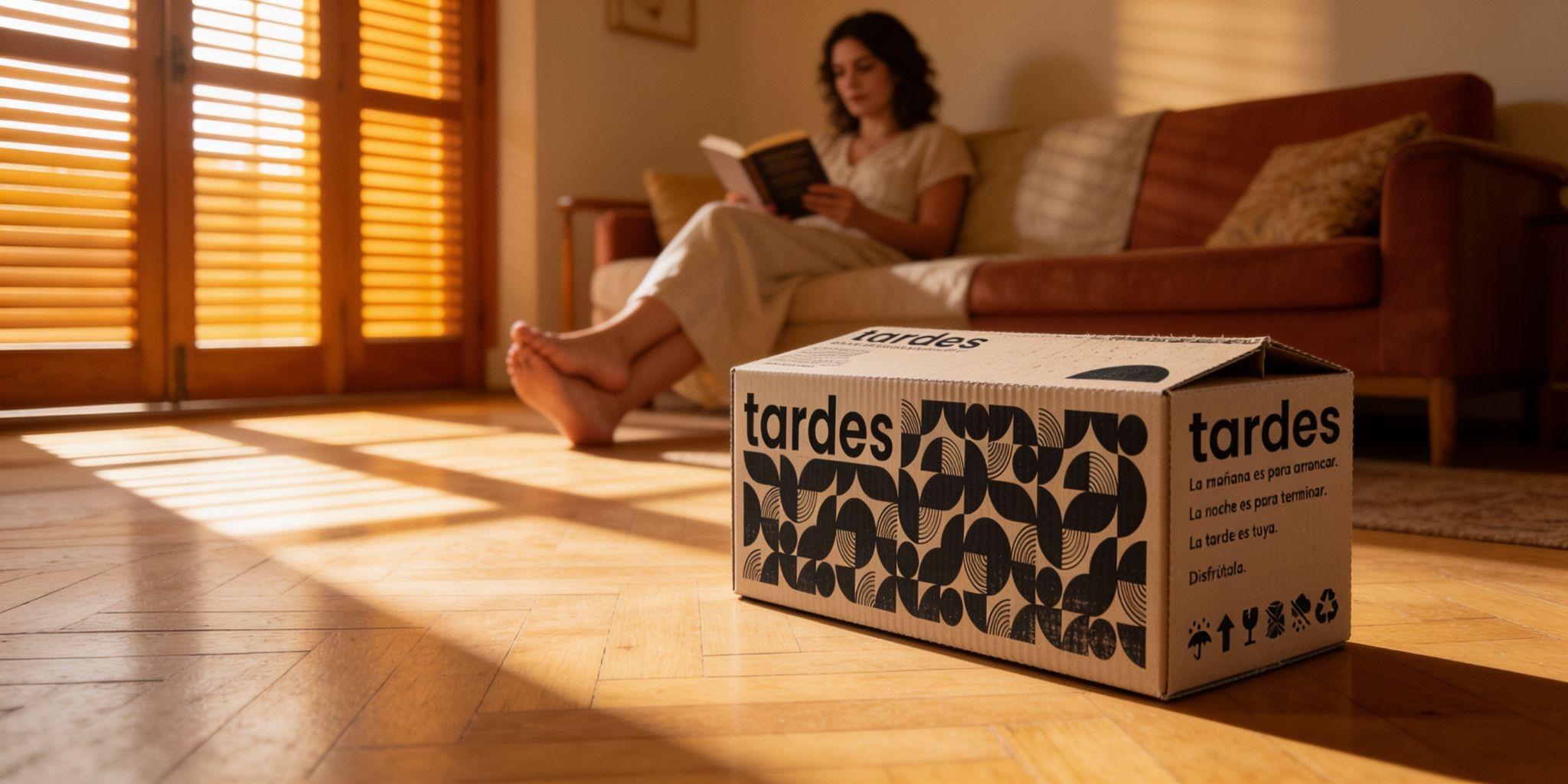 Caja de Tardes frente a un sillón en un living
